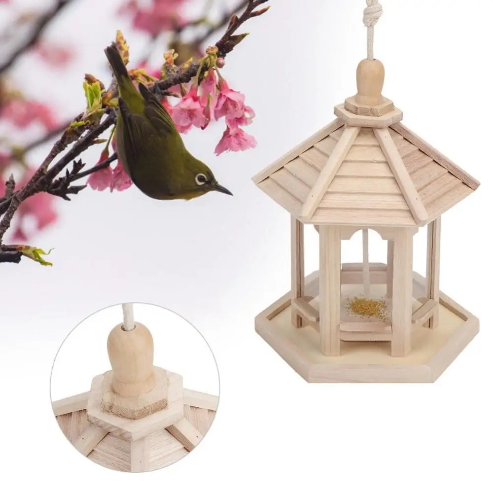 Pet Feeder House Shape Hanging Wooden Durable Food Dispenser Feeding Box Pet Birdhouse Transparent Outdoor Bird Supplies 250121