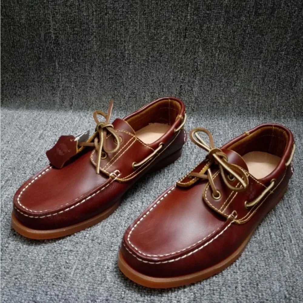 Fi Genuine Leather Mens loafers Low-top British Work Shoes Casual Breathable Boat Shoes Driving Wine red HandmadeXJ250118