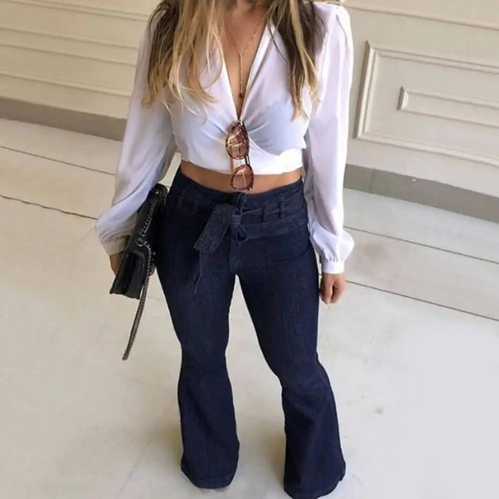 Women High Street Denim Flare Pants Fashion Wide Leg BellBottom Jeans Waist Vintage Drawstring Female Trousers 250122