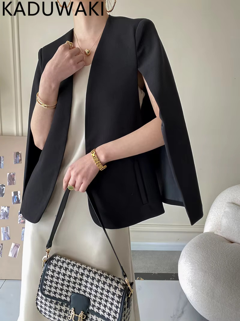 Vintage Elegant Cloak Style Women Blazers Simple Solid Color V Neck Long Sleeve Loose Suit Jackets Spring Autumn 2024 New Coat