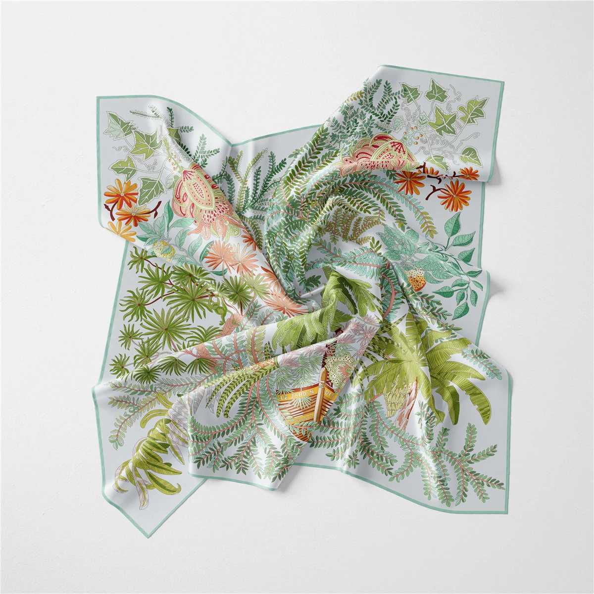 53cm Brand Design Leaves Small Square Scarf Woman 2024 New Twill Silk Scarf Luxury Bandana Headband Hijab Foulard Neckerchief W250118