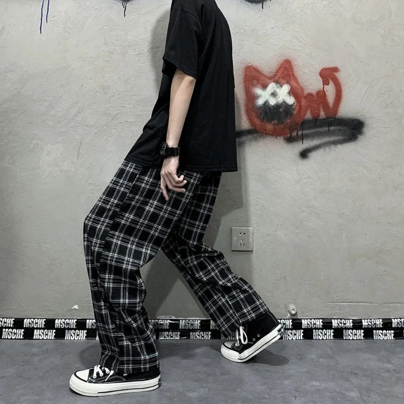 Korean Style Plaid Pants Women Summer Loose Straight Wideleg Casual Office Lady Trousers Daily Sweatpants Female 250122