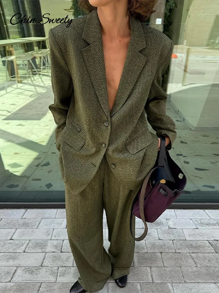 Elegant Coat Pant Sets Woman Fashion Lapel Long Sleeve Single Breasted Blazer Wide Leg Pants 2 Piece Set For Women Loose Outfits 250118