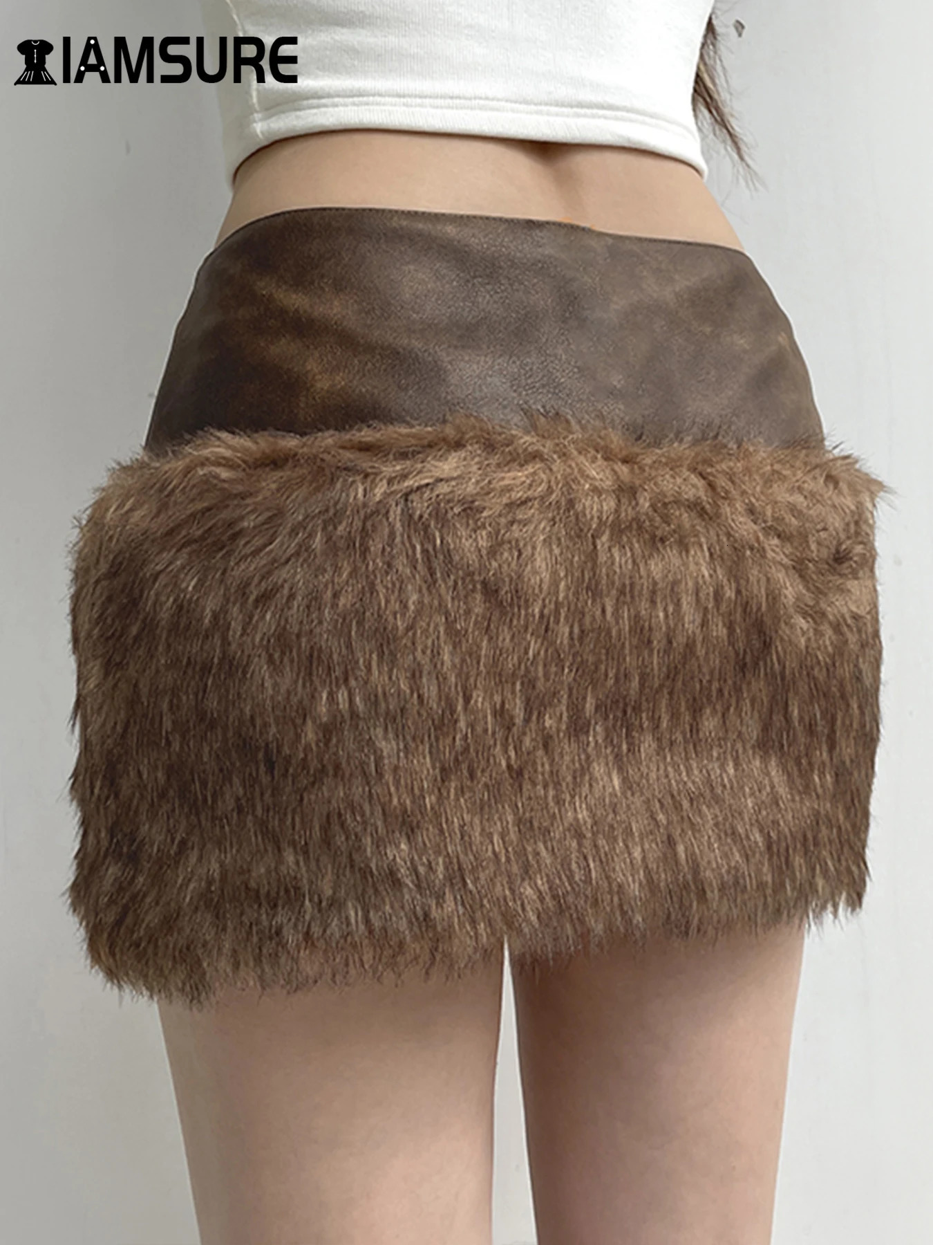 IAMSURE Vintage Patchwork Pu Leather Furry Skirt Women 2024 Winter Fashion Slim MidWaisted Mini Streetwear Lady 250121