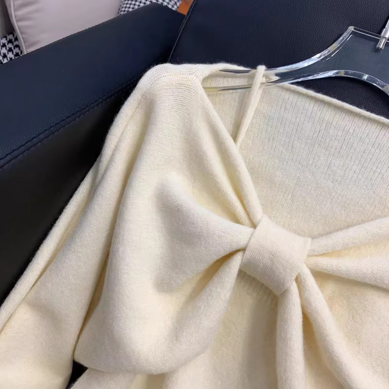 Sweet Bow Long Sleeve Sweater + Slim Fit Simple Knitted Tank Tops Women Autumn Winter 2024 New Korean Chic Two Piece Set