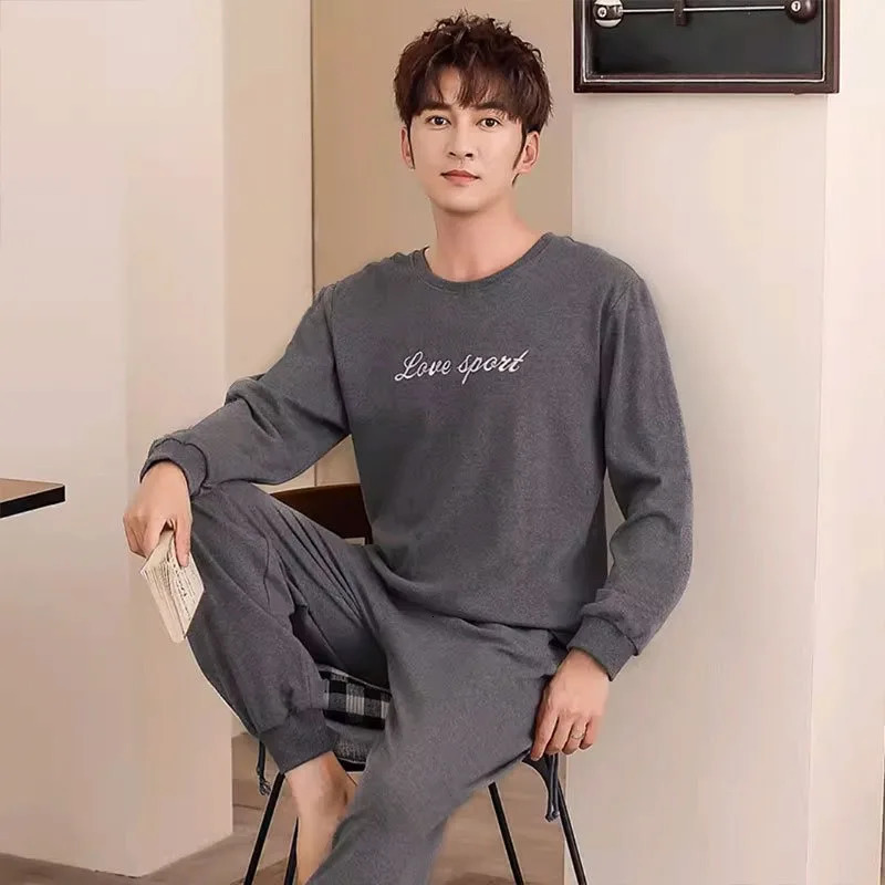 Cotton Pajamas Men Long-Sleeved Teenagers Large Size Nightwear Homewear Round Neck Cartoon Dinosaurs Sleepwear Loungewear 250108
