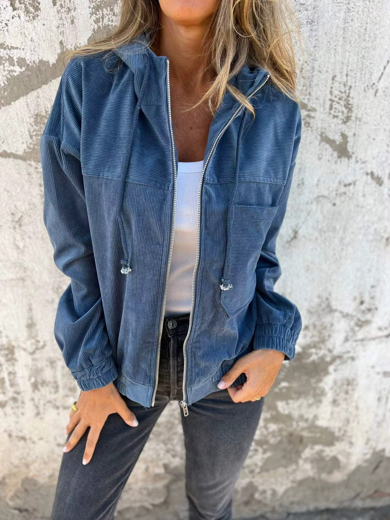 Autumn New Solid Color Jacket Coat Women's Simple Style Corduroy Hooded Coats Women Fashion Pocket Long Sleeve Casual Jackets