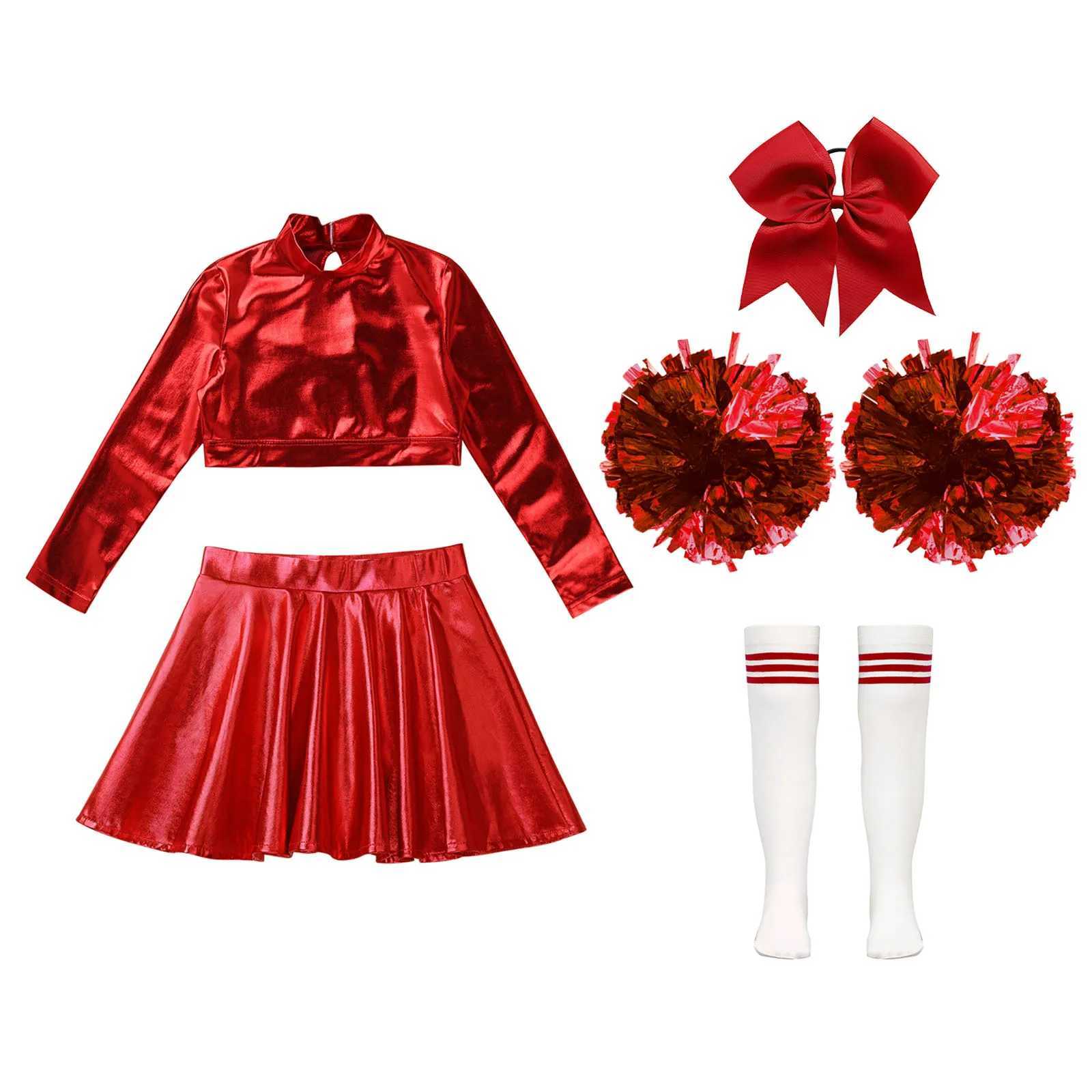 Girls Cheerleading Dance Outfit Long Sleeves Mock Neck Crop Top with A-Line Skirt Headwear Hand Flowers Socks Set for StageW250121