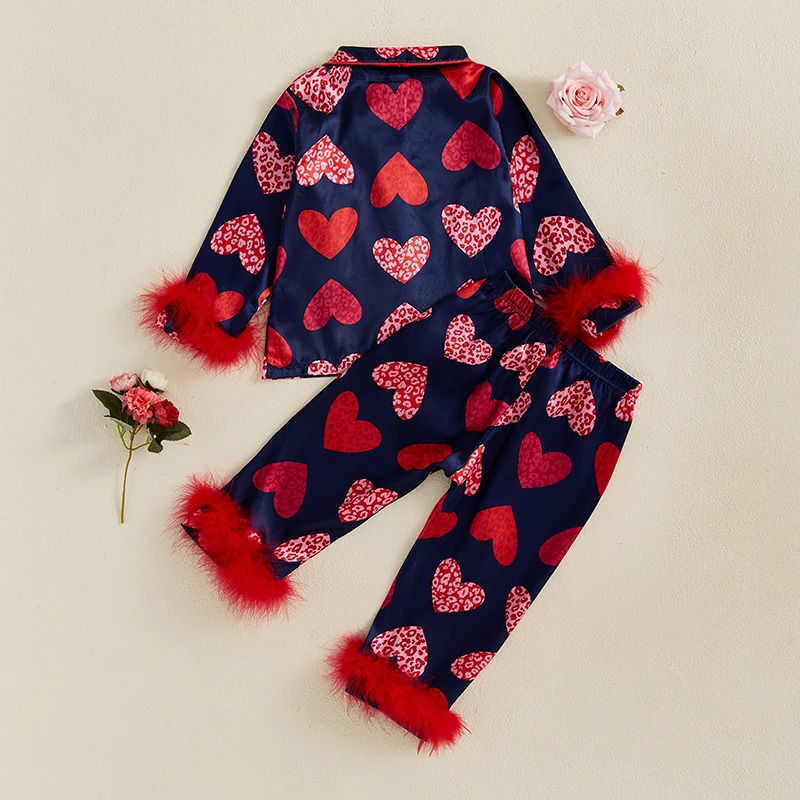 Lioraitiin 2-6Y Little Kids Girls Valentines Day Pajama Clothes Sets Heart Print Fur Patchwork Long Sleeve Lapel Shirt Pant 250121