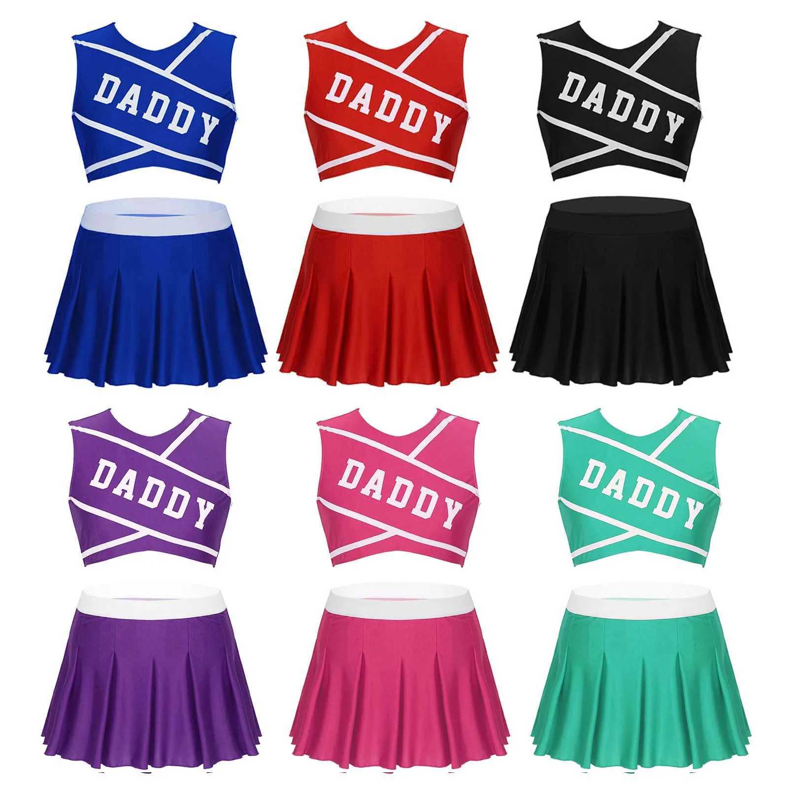 2Pcs Women School Girls Cheerleading Uniforms Set DADDY Printed Cheerleader Costume Sleeveless Crop Top with Mini Pleated SkirtW250121