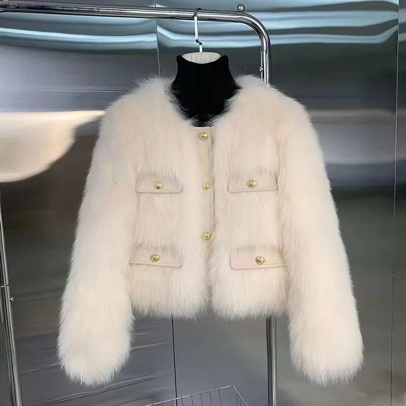 Autumn Winter Short Faux Ladies Coat Round Neck Long Sleeves Fur Female Jacket New Thickening Plush Women Outwear