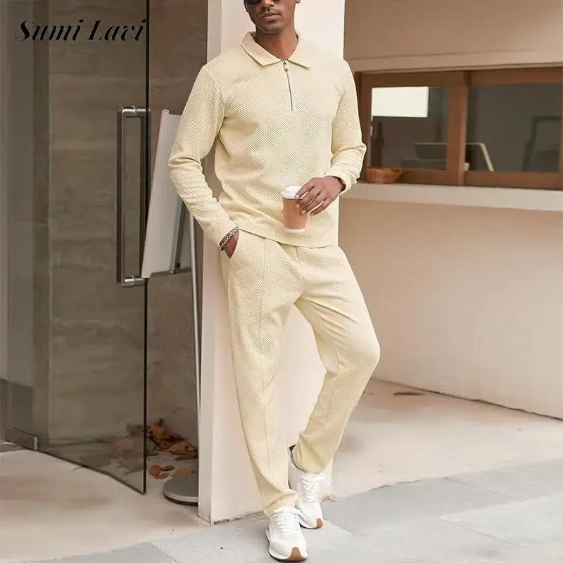 Casual Solid Color Textured Outfits For Mens Autumn Fashion Polo Shirt And Pants Two Piece Sets Men Clothing Vintage Suits Male 250109