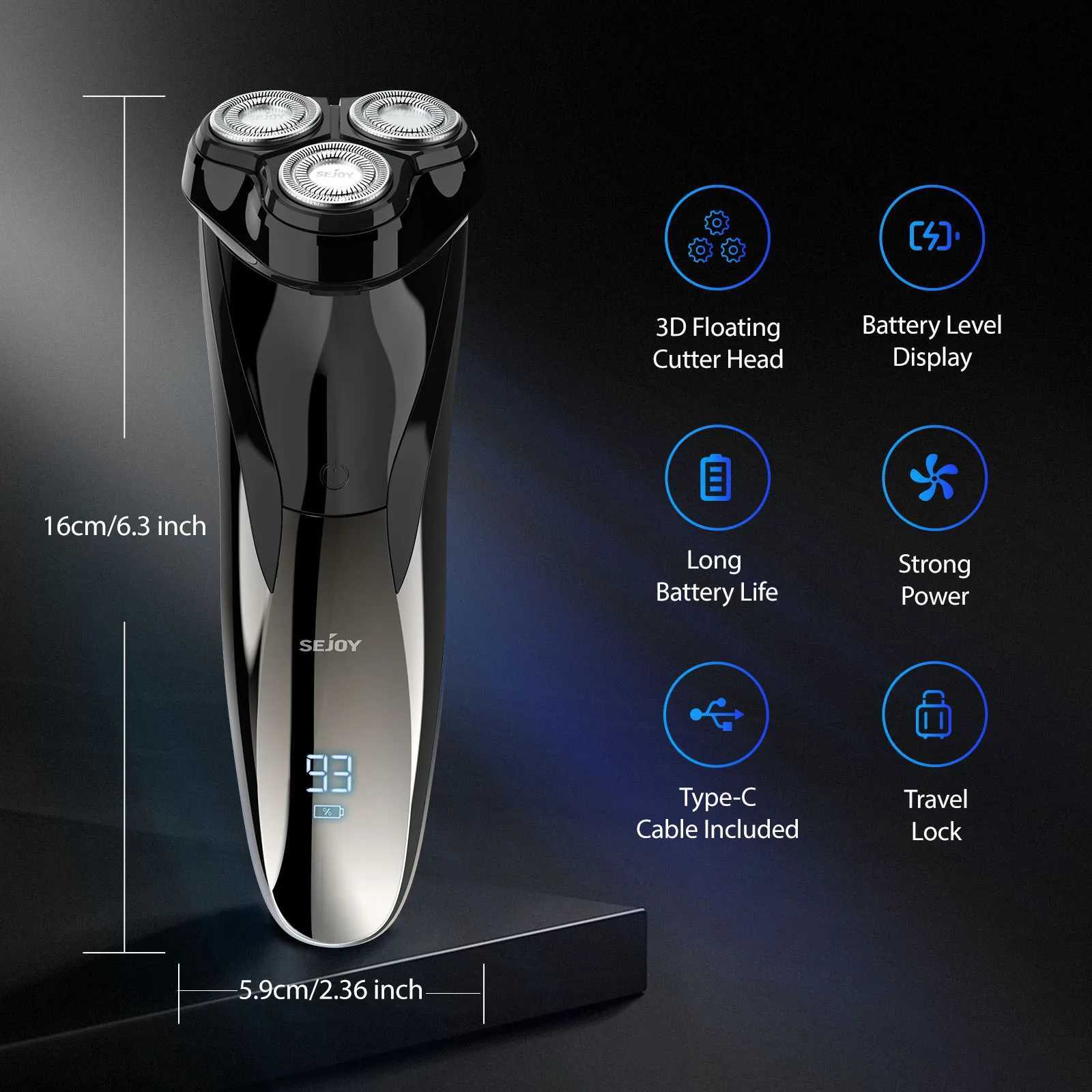 Sejoy Electric Shaver 3D Mens Razor Beard Trimmer With LCD Display IPX7 Waterproof USB Rechargeable Electric Shaving ManeW250117