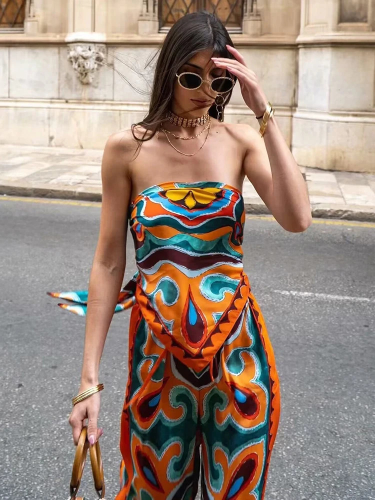 Vintage Women Loose Boho Two Piece Set Summer Fashion Ladies Vocation Satin Pant Sets Chic Female Trouser Suit Outfits 250118