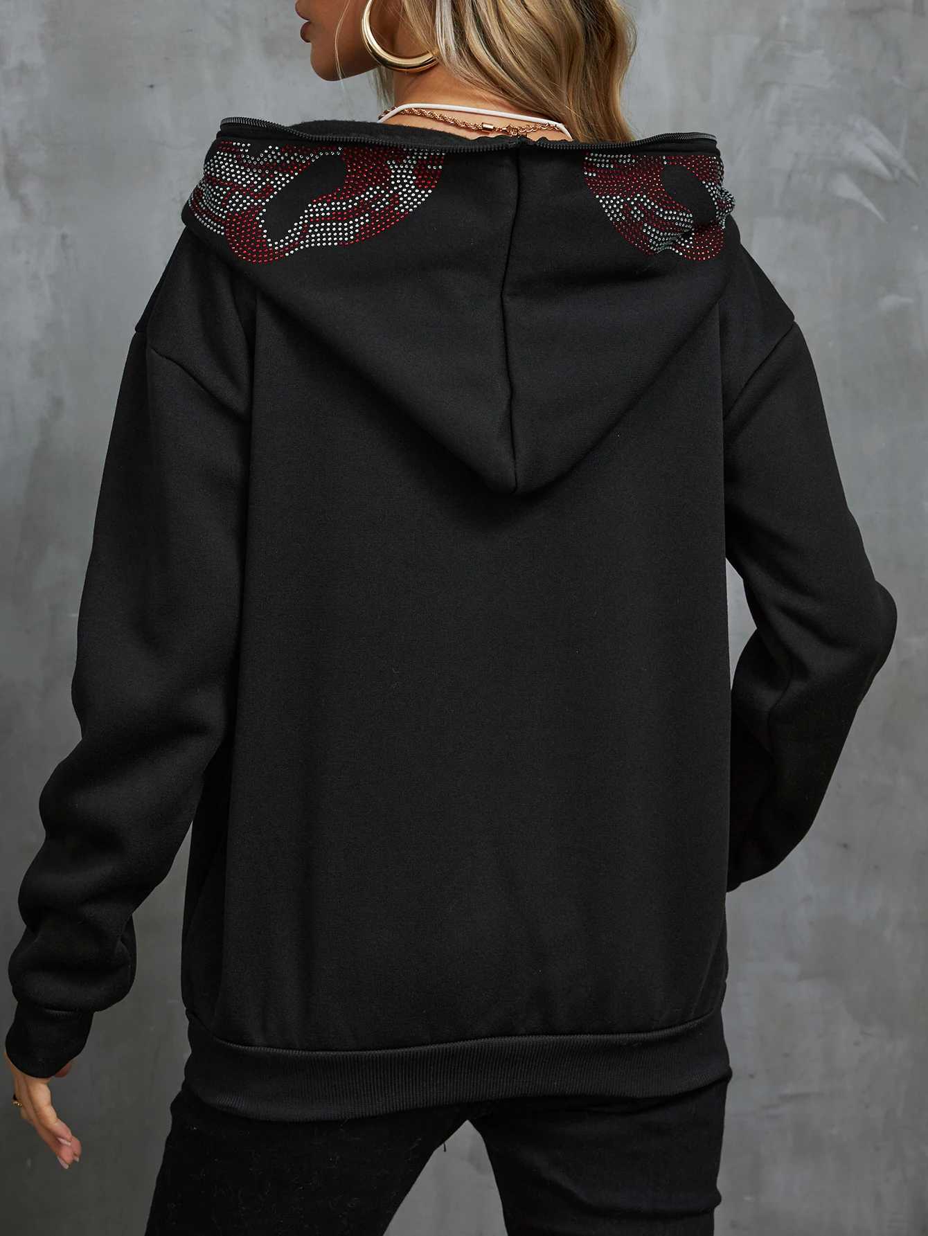 2024 Autumn Fashion Y2K Traf Stitch Personalized Zipper Sweater New Autumn And Winter Hip-hop Rhinestone Hoodie Jacket W250117