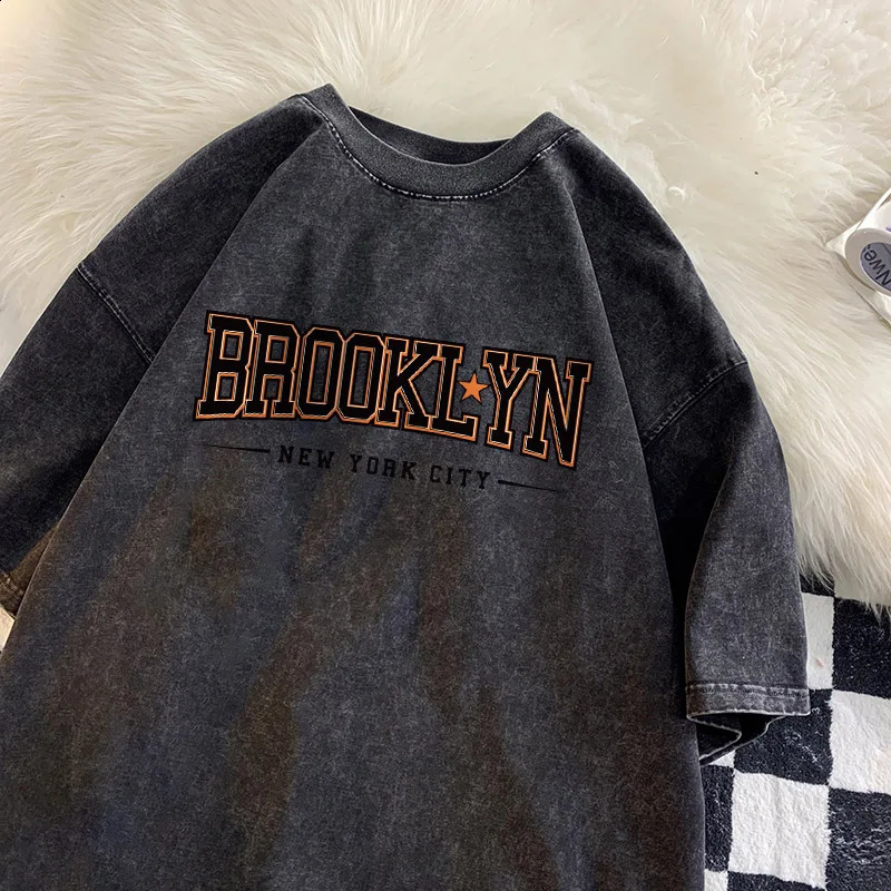 Brooklyn York City Tshirt Men Black and Orange Letter Shirt Cotton Retro Washed Short Sleeve Gym Sports Tshirts Tiki 250122
