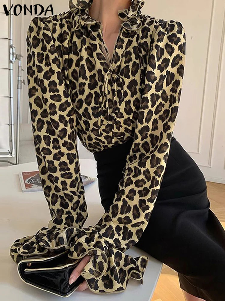 VONDA Women Office Blouses Flare Long Sleeve Tops Elegant Leopard Shirts 2024 Sexy Fitting Blusas Casual Tunic Oversized 250107