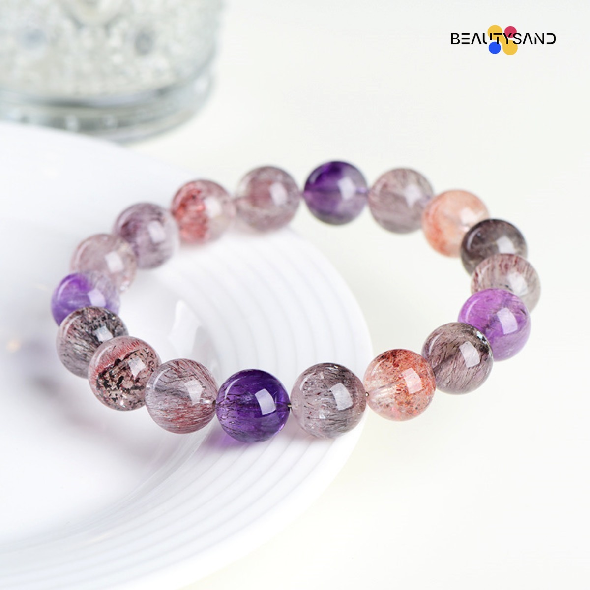 Feng Shui Crystal Pendulum 7A Natural Ice Quartz Super Seven Round Beads Bracelet Purple Titanium Crystal Amethyst Aura Cleansing Bracelet Factory Dir