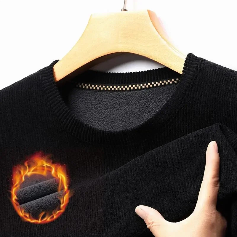 Mens Plush Thick Round Neck Long Sleeved Tshirt Korean Sweater Highend Warm Bottom Shirt Solid Color Top 250122