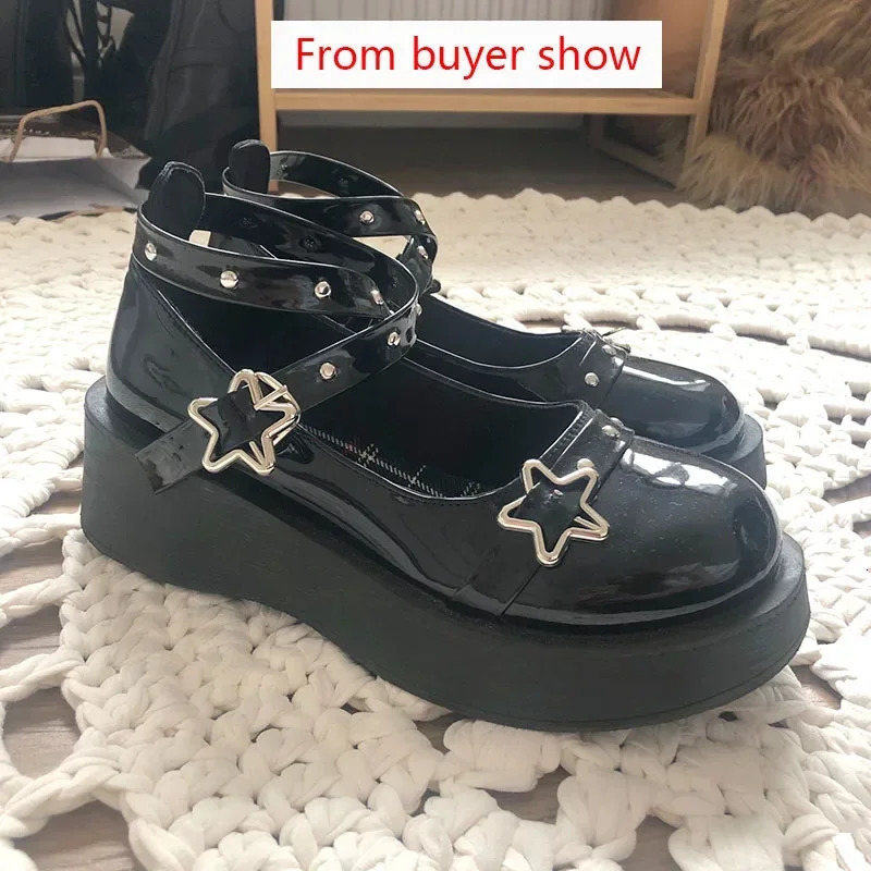 Women heels Lolita shoes platform mary jane Shoes Star Buckle Strap Mary Jane Crosstied Girls Rivet Casual kawaii 250118
