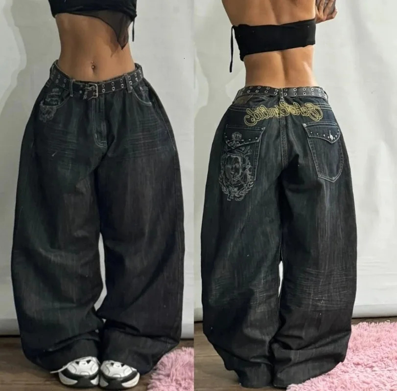 Streetwear Fashion Letter Graphic Embroidery Baggy Jeans Women Y2K Gothic Harajuku Vintage High Waist Wide Leg Pants 250117