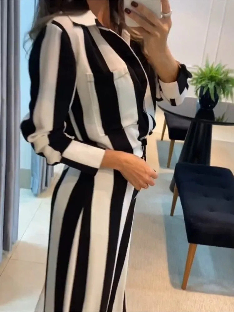 Autumn Wide Leg Long Pant Sets Two Piece Set Women Casual Fashion Striped Pocket Shirt Trousers Streetwear Suit 250118