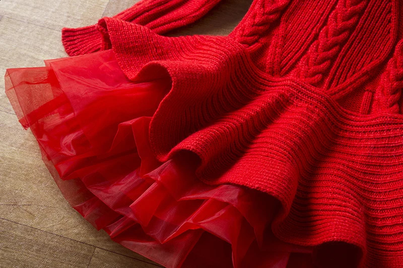 Winter Warm Thick Knit Girl Dress 3-8 Years Kids Long Sleeve Sweater Christmas Tutu Gown Toddler Evening Party Princess Costume 250117