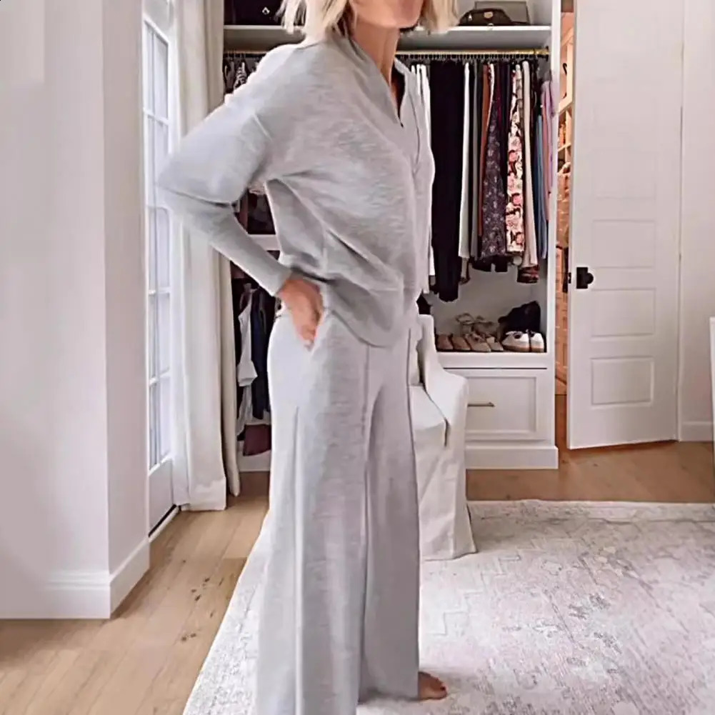 Women Top Pants Set V Neck Long Sleeves Loose Sweatshirt Elastic Waist Wide Leg Sweatpants Sport Outfit Autumn Casual Tracksuit 250118
