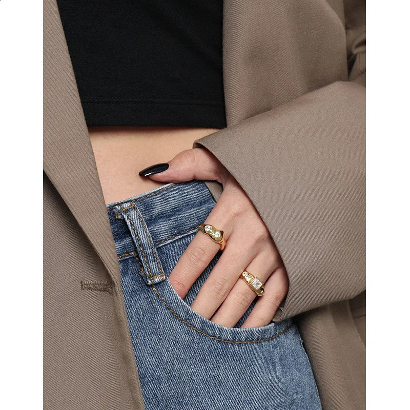 SHANICE 100% S925 Sterling Silver Open Ring Ins niche minimalist irregular surface micro-inlaid zircon Friendship 250117