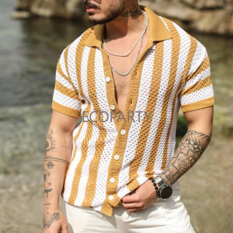 Summer Men Crochet Shirt Sweater Short Sleeve Hollow Out Knit Crochet Cardigan Stripe Crochet Polo Shirt Men 250118