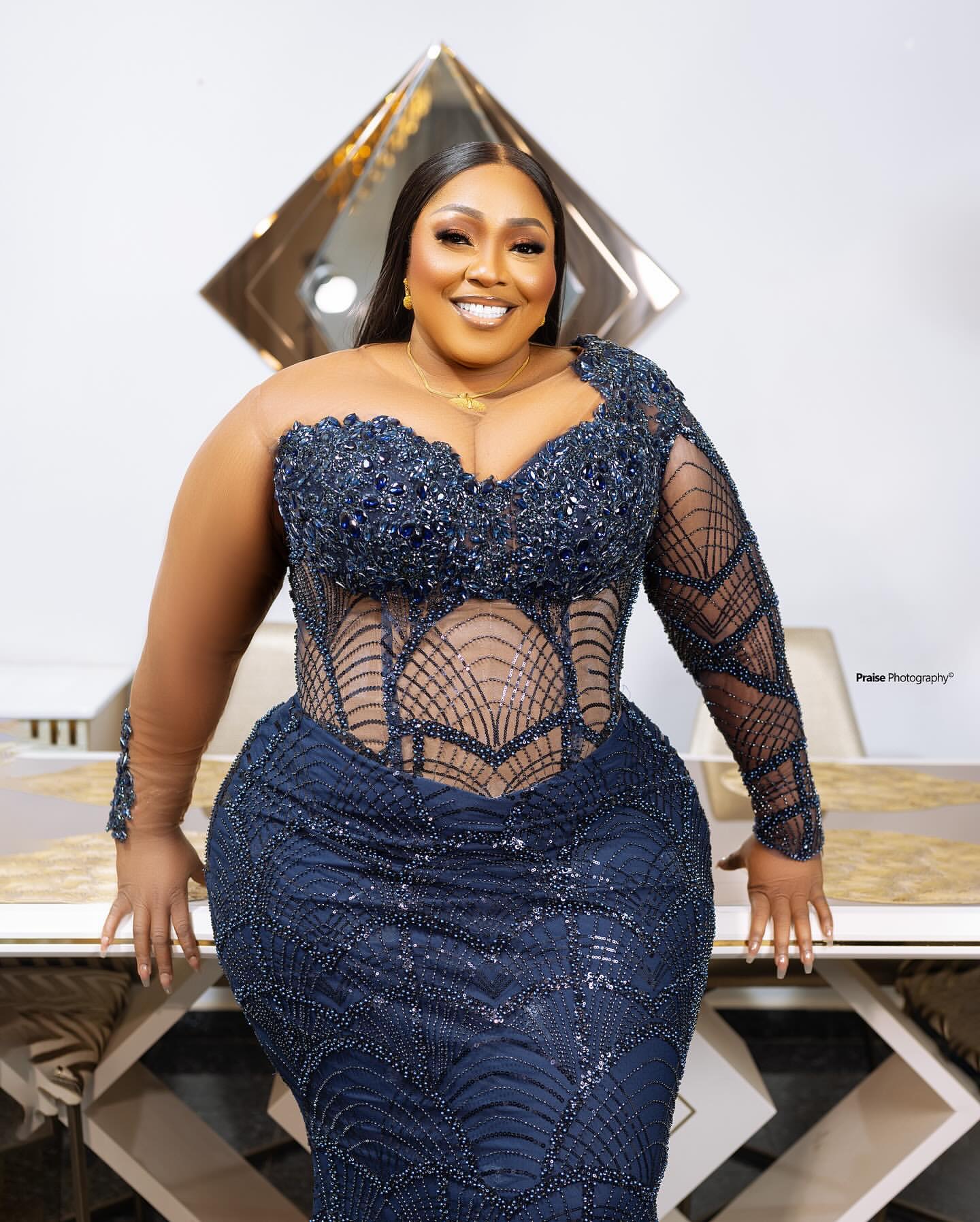 Aso Ebi Navy Blue Mermaid Prom Dresses 2025 Illusion Crystals Sequined Evening Formal Party Second Birthday Engagement Gowns Plus Size Dress For Speci