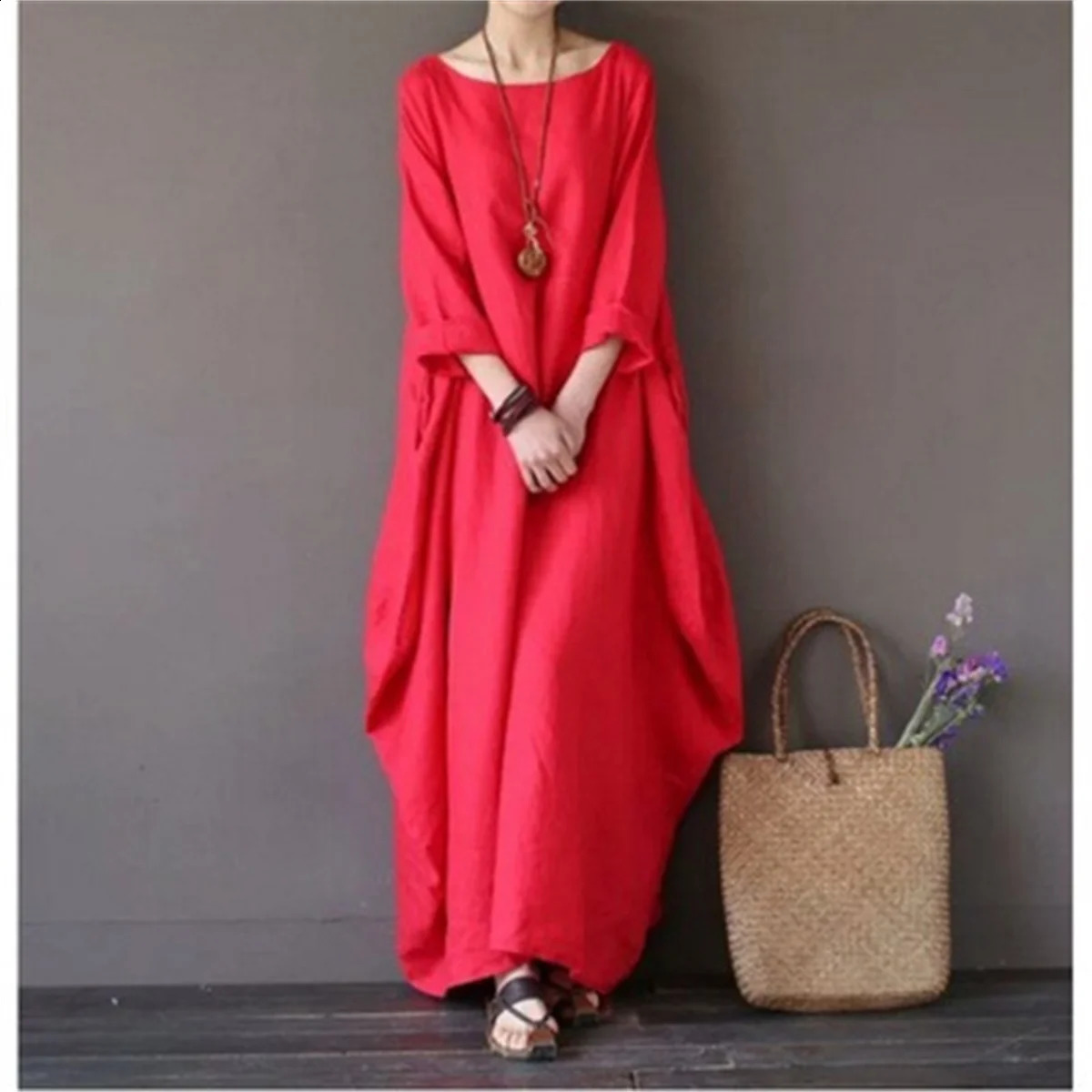 Fashion A-line Solid Color Dress Womens Round Neck Seven Sleeve Casual Long Vestidos Loose Office Lady Robes Summer 250122