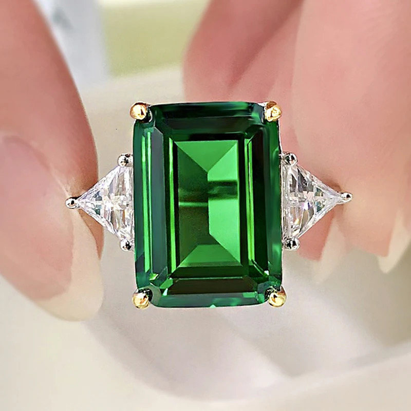 OEVAS 100% 925 Sterling Silver Sparkling 10*14mm Emerald Cut Green Wedding Ring For Women High Carbon Diamond Fine Jewelry Gifts250122