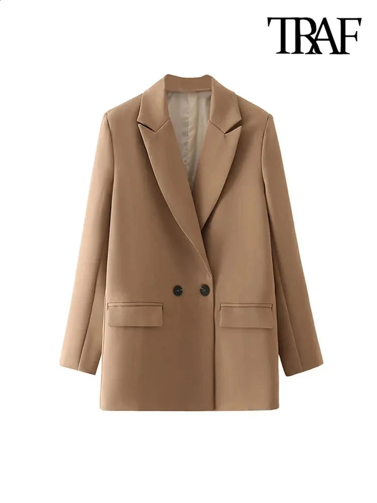 TRAF Women Chic Office Lady Double Breasted Blazer Vintage Coat Fashion Notched Collar Long Sleeve Ladies Outerwear Stylish Tops 250120