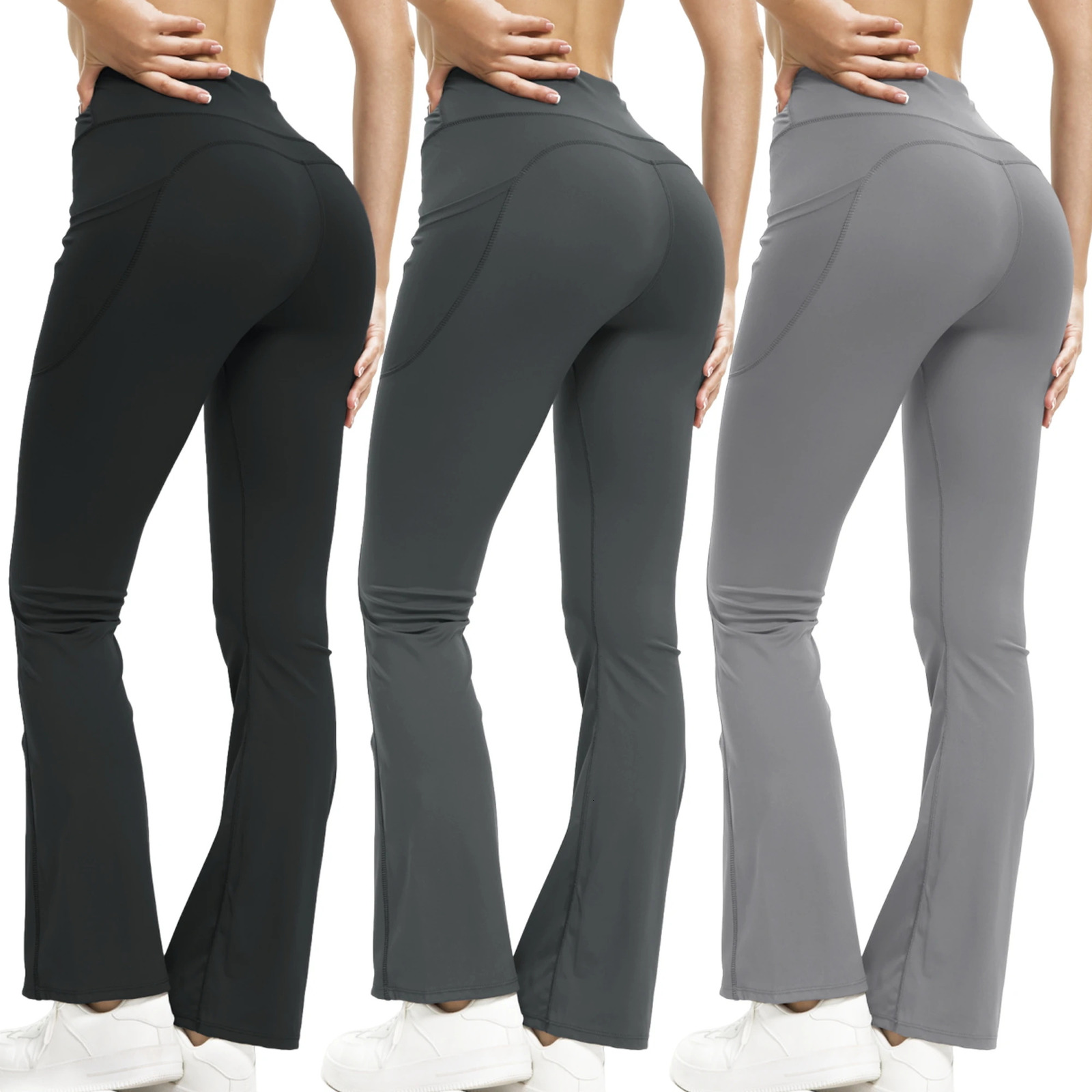 Women Flare Leggings High Waist Wide Leg Yoga Pants With Pocket Seamless Fitness Workout Sports Trousers Casual Slimming Clothes 250118