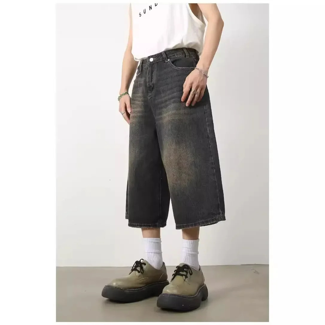 Mens Summer Solid Color Trendy Deep Blue Denim 7-Piece Versatile Loose-Fit Wide-Leg Straight-Leg Shorts 250117