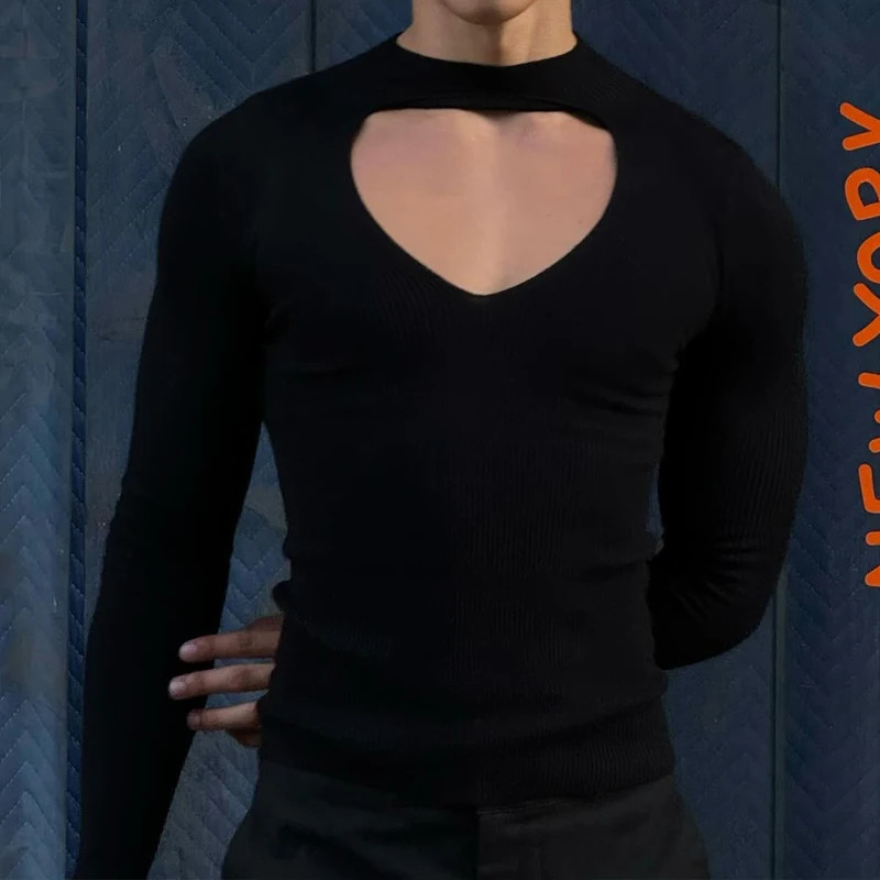 Sexy Hollow Out Elastic Slim T Shirt Mens Autumn Fashion Long Sleeve Solid Color Bottoming T-shirts Y2K Men Clothes Streetwear 250117