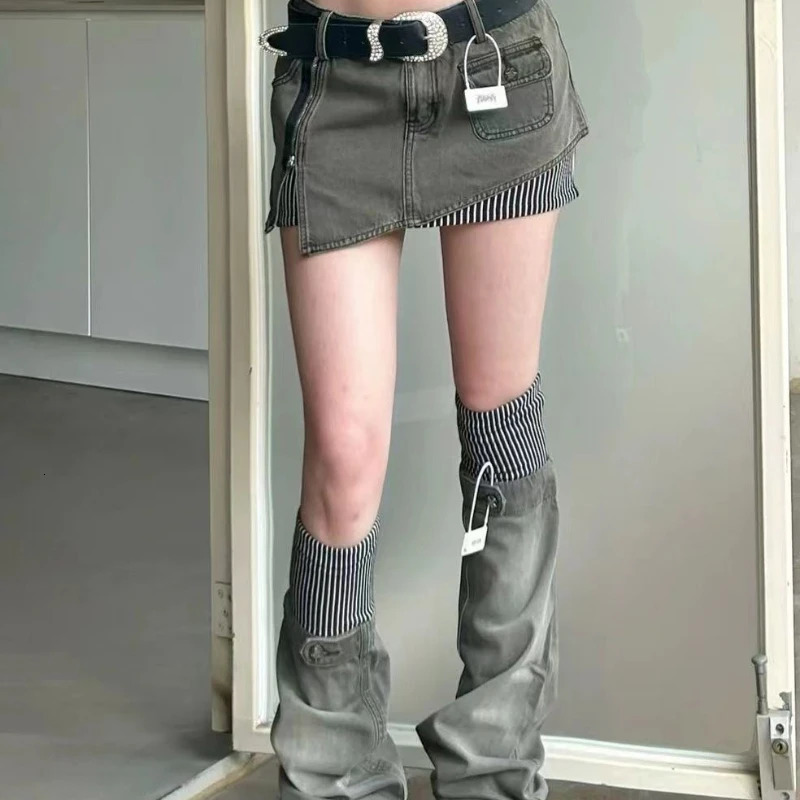 American retro patterned patchwork denim suit half skirt women Y2K irregular short leg cover twopiece set for wearing 250122