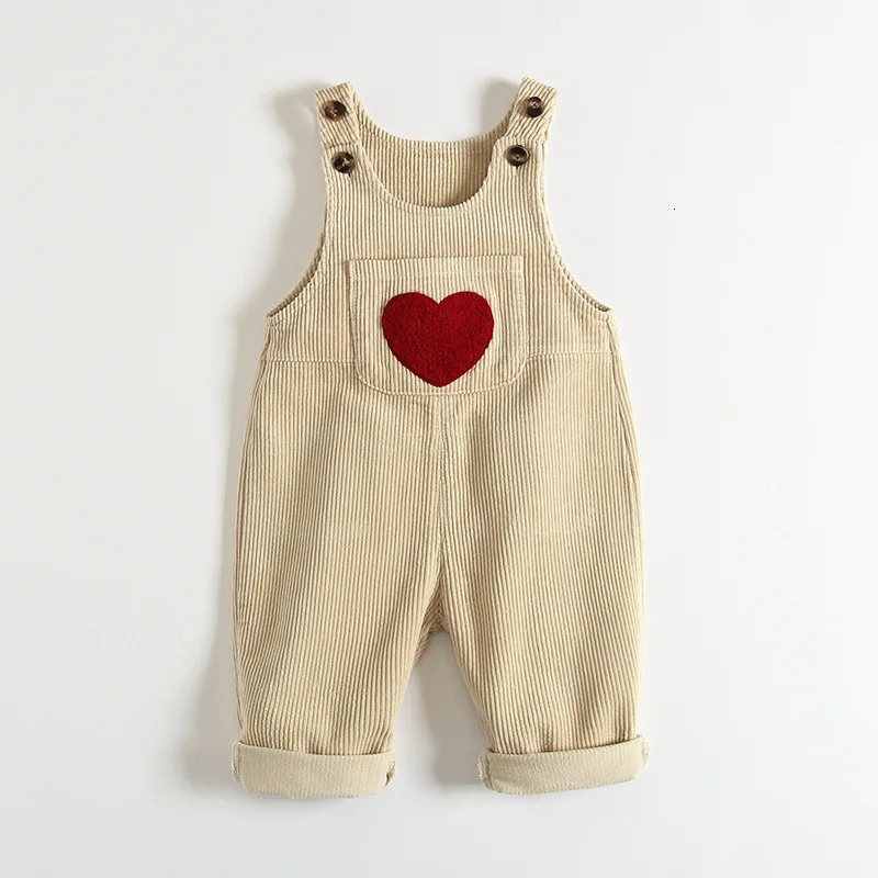 14Y Spring Kids Baby Clothes Heart Embroidery Boys Girls Bib Pants Solid Overalls Corduroy Casual Suspender Outwear 250117