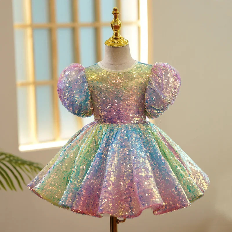 Sequin Ombre Girl Dress Pastel Sparkles Shimmers Puffy Sleeves Sequin Dress Girls Birthday Party Clothes 250117