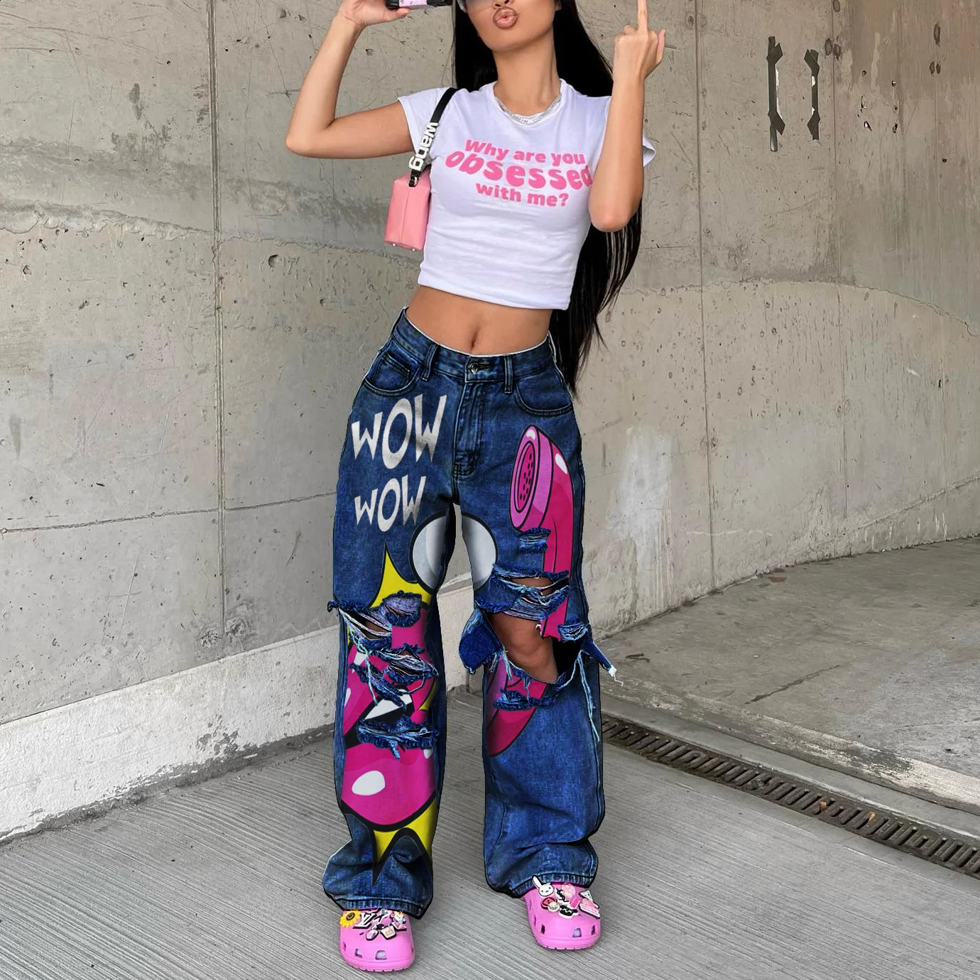 MID Waist Print Stretchy Jeans Stretchy Daily Fashion Womens Pants Streetwear Baggy Jeans Boyfriend Jeans Y2k HOLE Pants 3XL 250118