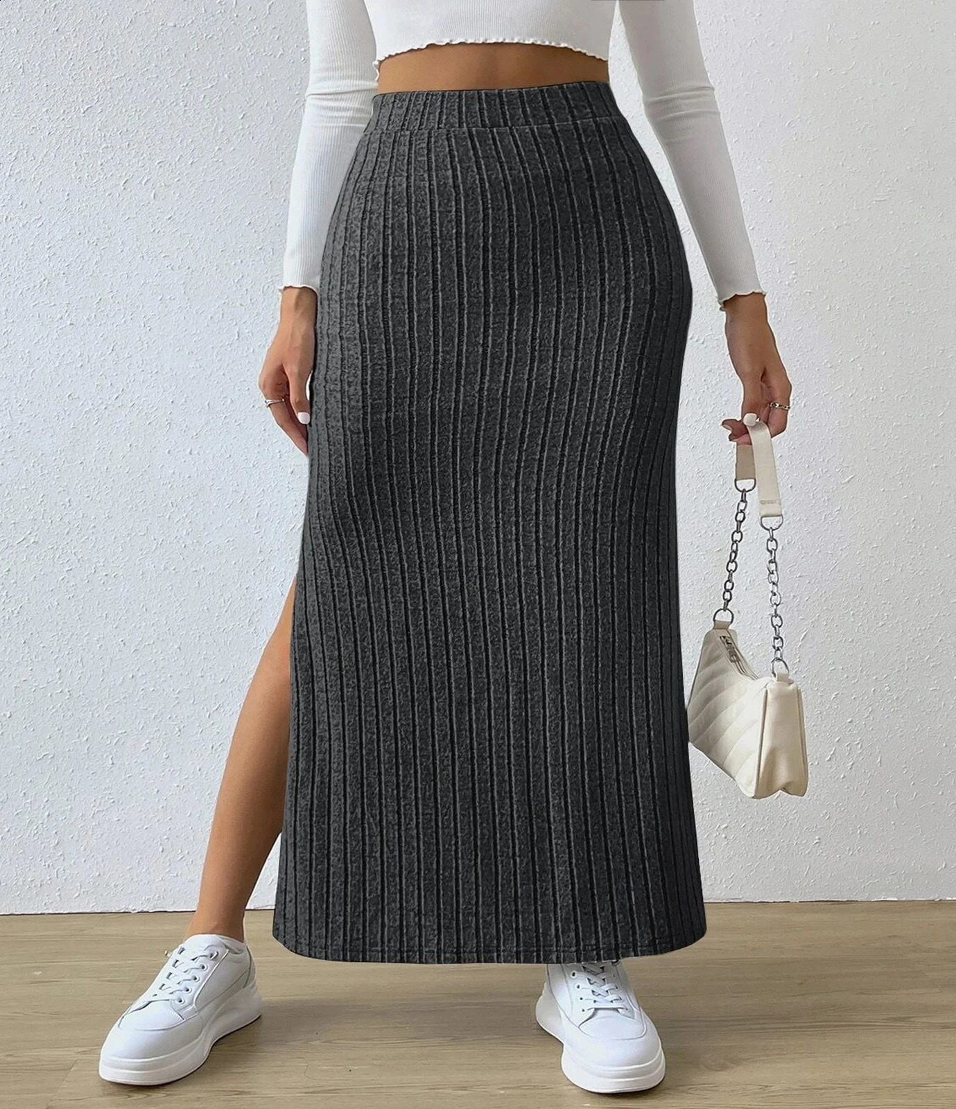 2024 Plus Size selling high waisted side slit slim fit skirt 250122