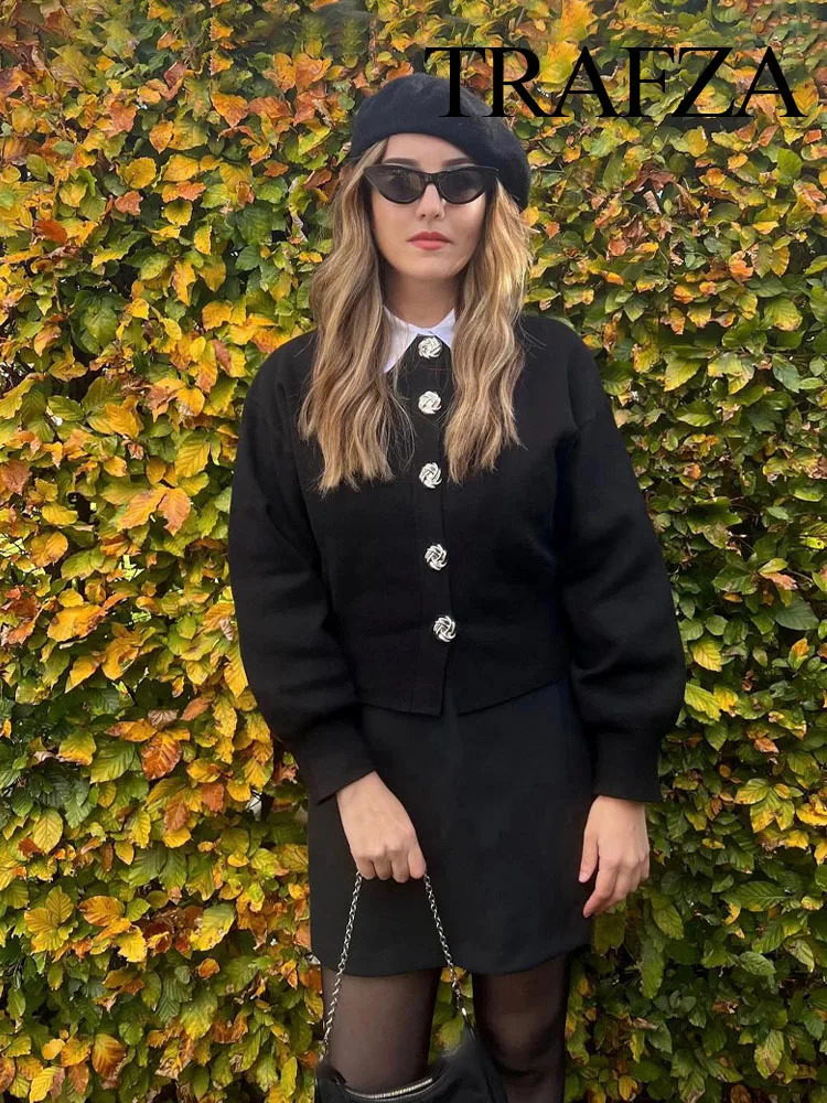 TRAFZA Womens Slim Fit 2 Piece Set Retro Black Knitted Sweater Jacket Fashion High Waist Casual Mini Skirt Streetwear 250122
