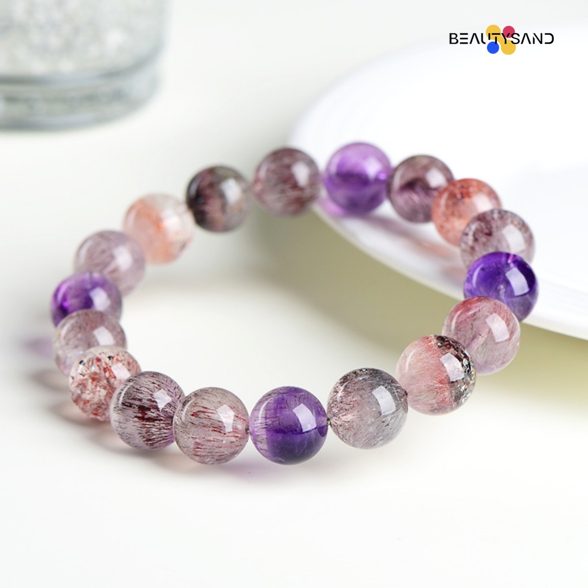 Feng Shui Crystal Pendulum 7A Natural Ice Quartz Super Seven Round Beads Bracelet Purple Titanium Crystal Amethyst Aura Cleansing Bracelet Factory Dir