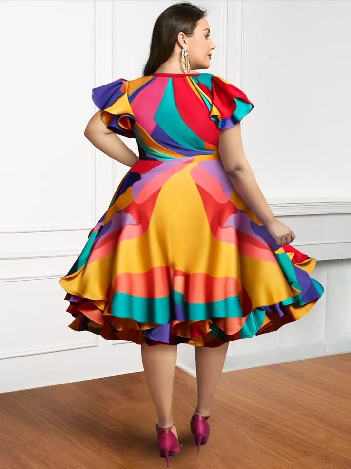 Pleated ALine Ruffle Prom Dresses Plus Size Multicolor Round Neck Petal Sleeve Short Elegant Sweet Satin Midi 250121