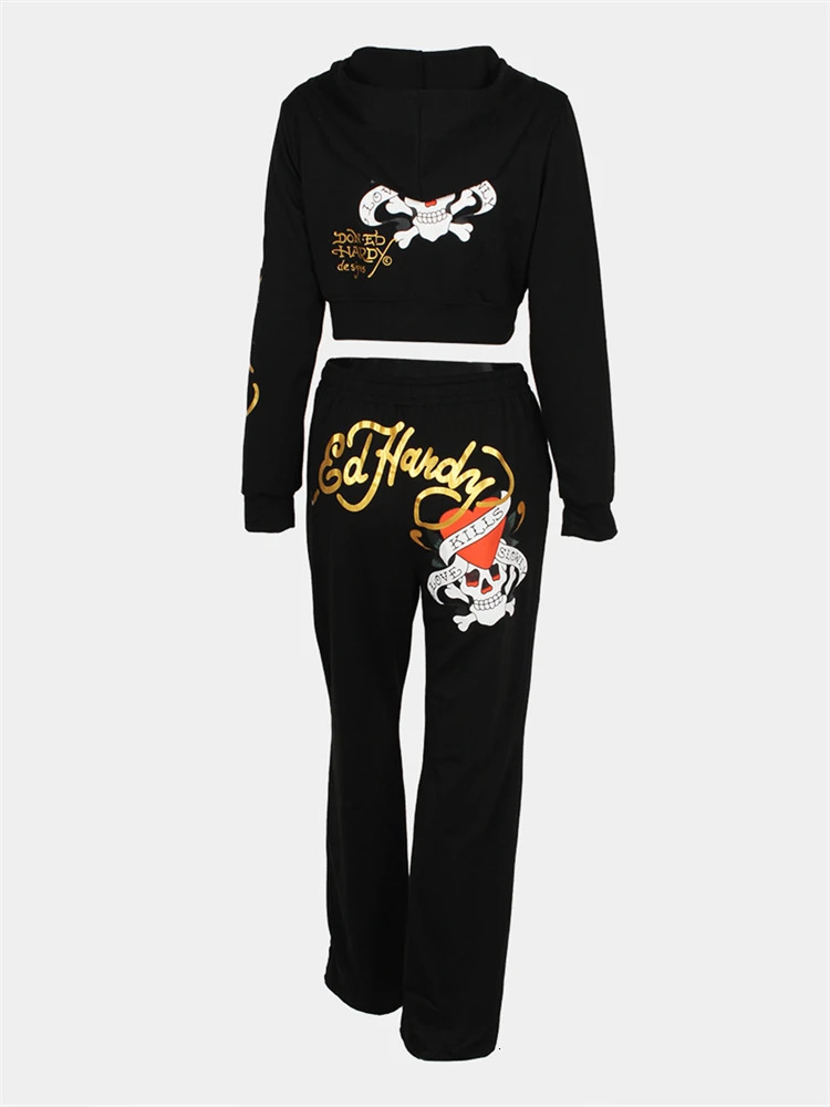 Aualay Y2k Black Printed Hoodies Sweatpant Party Club Clothing For Woman Spring Blue Graphic Bodycon 2 Two Piece Pants Sets 250120