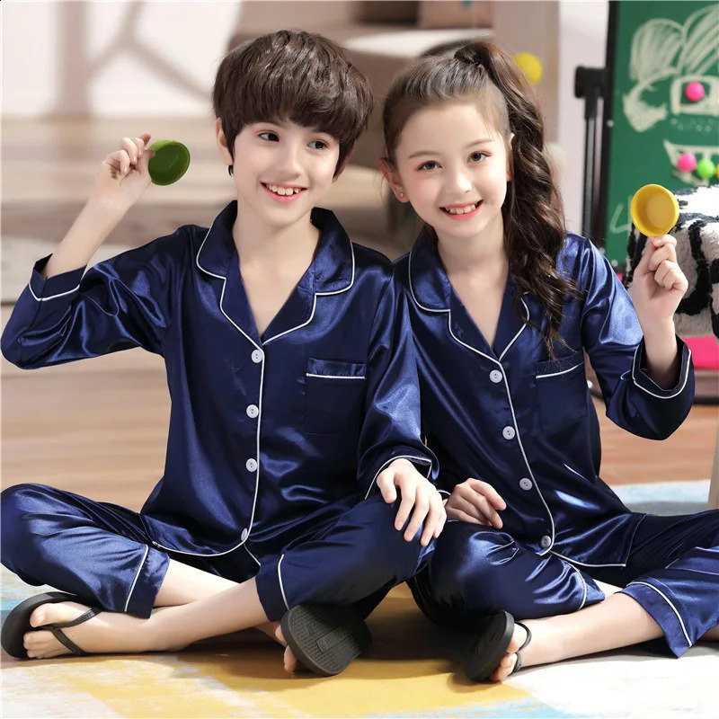 Childrens Clothing Teen Girl Pink Satin Pajamas Long Sleeve Kids Homewear Clothes Boys Solid Nightshirt Silk Pijamas Baby Pjs 250121