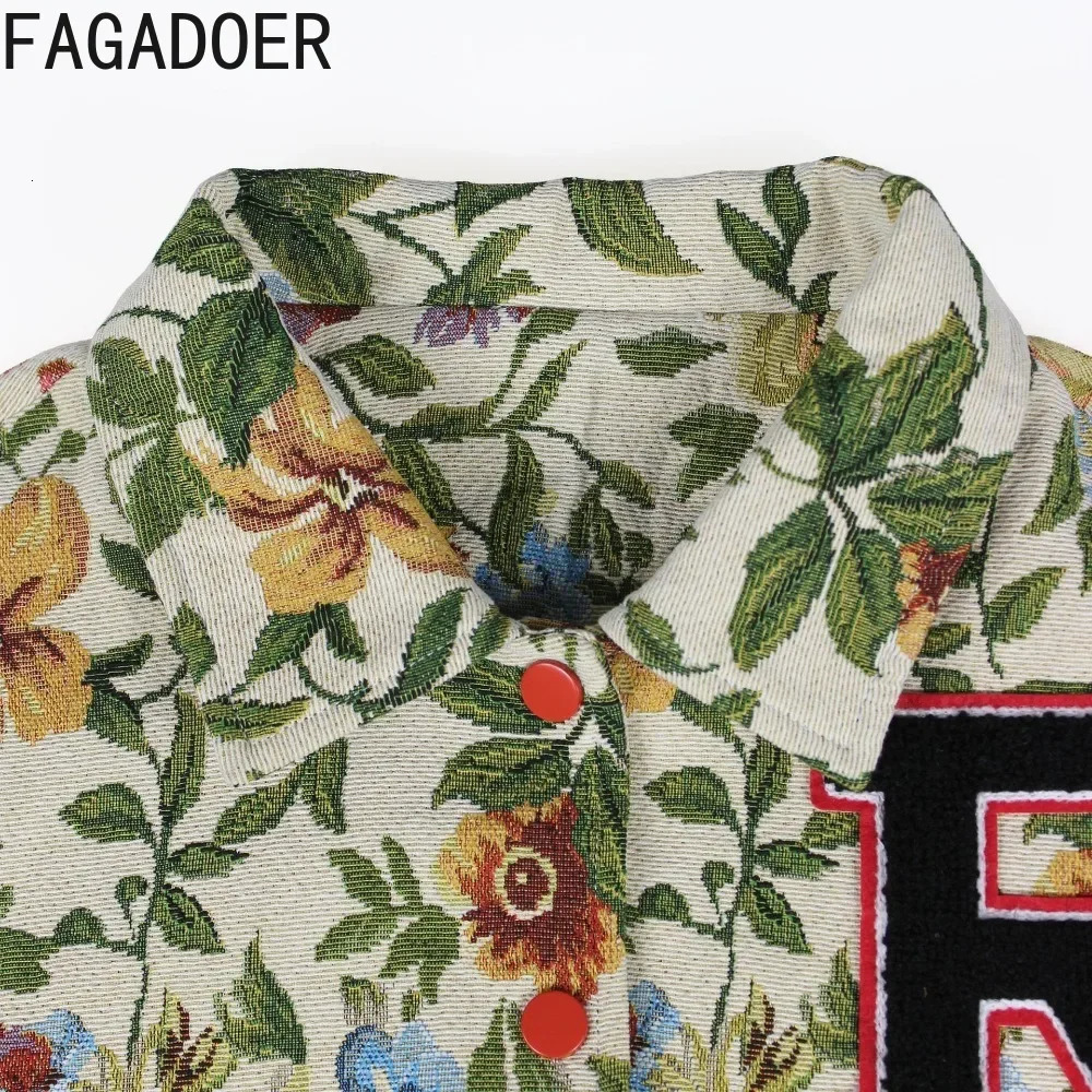 FAGADOER Retro Jacquard Short Sleeve Jacket Womens Fashion Button Long Sleeve Embroidery Patch Work Crop Coat Y2K Street Clothing 2025 250118