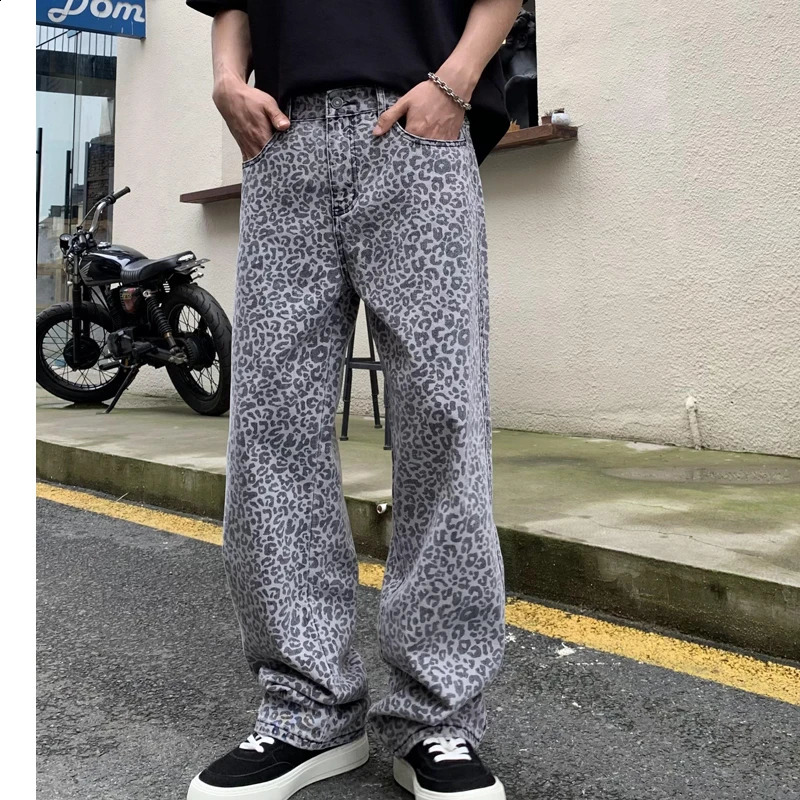 productsstreet personality leopard print trend fashion jeans for men high-end casual loose mens straight leg wide leg p 250120