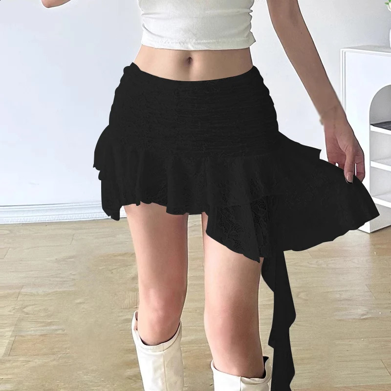 Lace Trim Irregular Streamers Skirt For Women Sweet Ruffled Short Retro tie Street Wear Dance Party Nightclub Versatile 250121